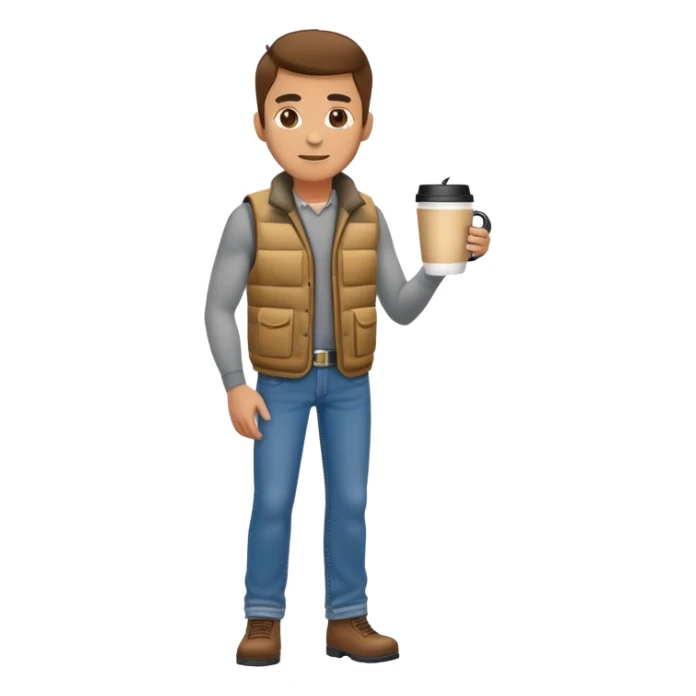 full body man with plain puffy vest and straight jeans holding coffee mug sticker