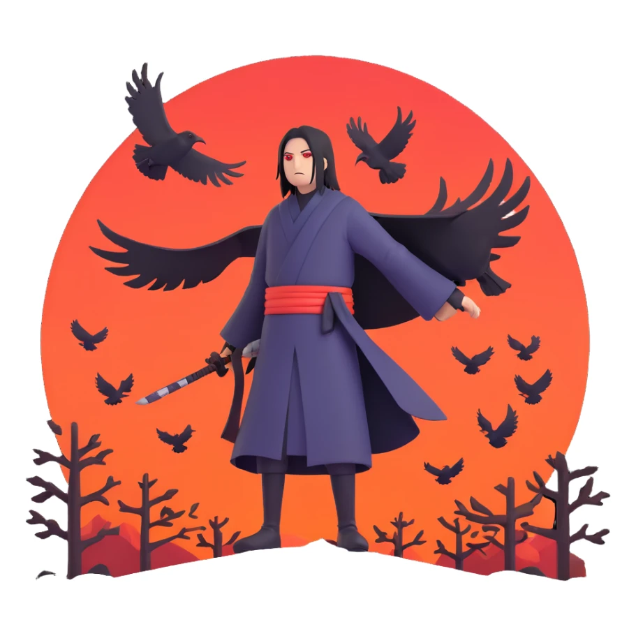 Itachi Uchiha themed emoji showing silhouette with crows flying, referencing genjutsu, modern emoji style sticker