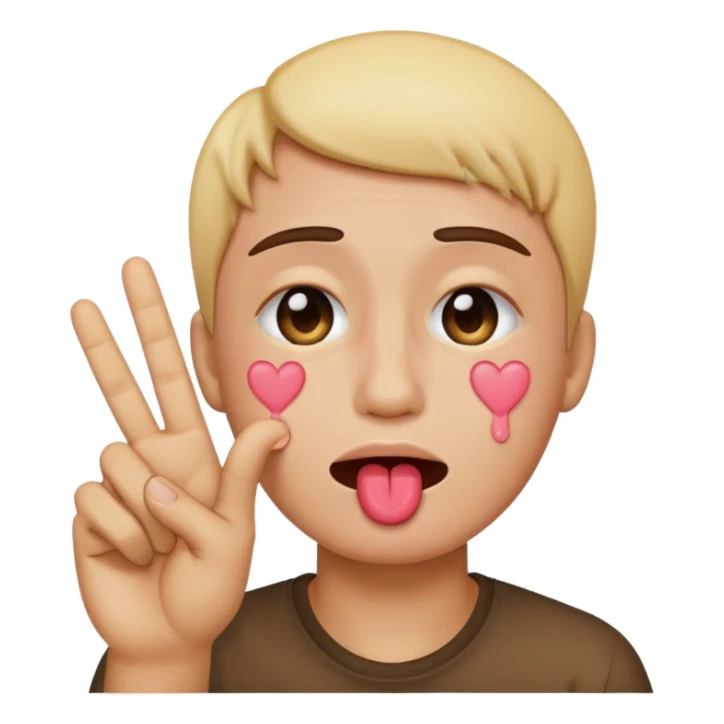 Emoji face crying while doing a kissy face holding up the peace sign sticker