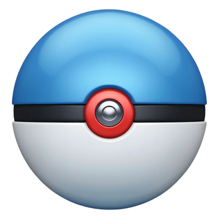 blue pokeball emoji, top half is a more saturated blue, bottom half is white, black stripe, with a metallic sheen, with a glossy finish sticker