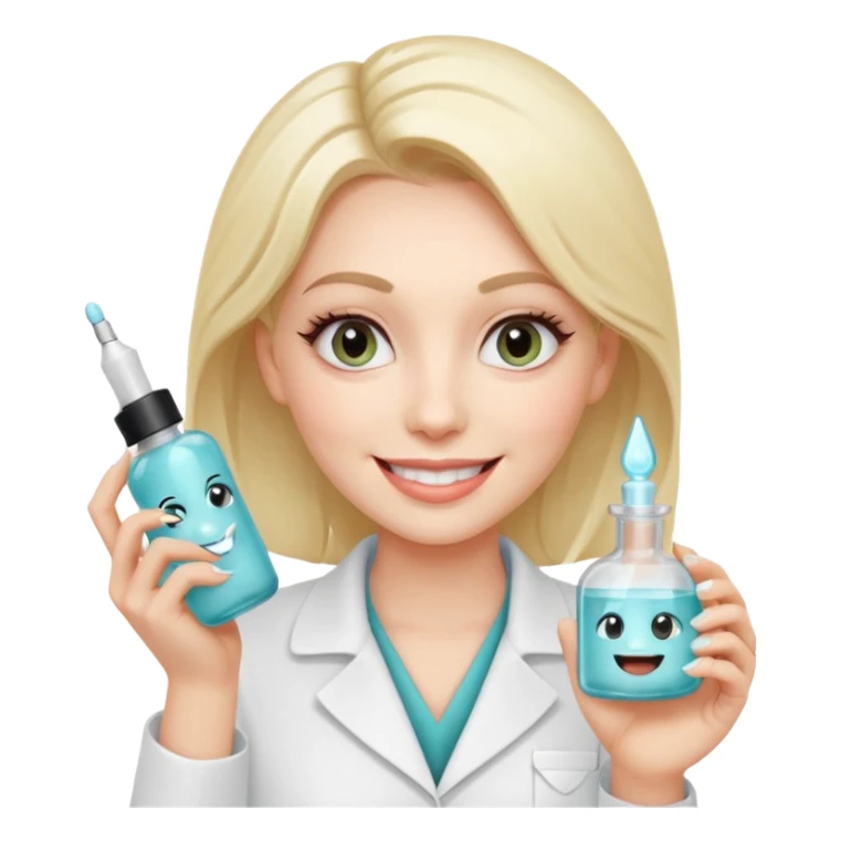 A smiling beautician with cold, calculating eyes, pointing at your cheek while holding an expensive serum bottle. Fake smile, predatory vibe. sticker