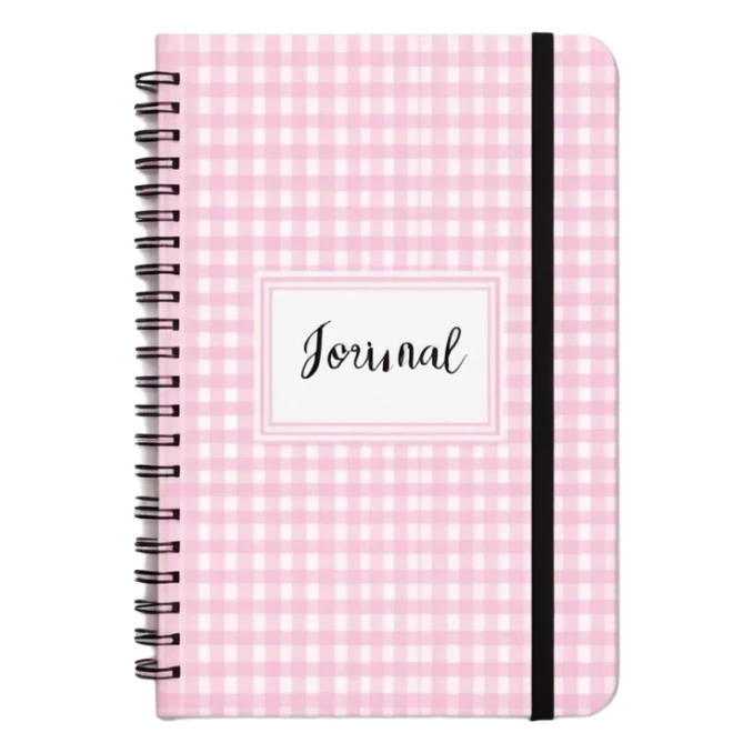 Cute  journal cover, pastel pink gingham pattern
Handwritten feminine typography, soft aesthetic, cozy girl vibe
Clean product mockup, minimal shadows, lifestyle stationery style sticker