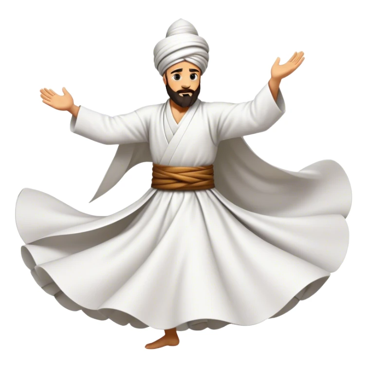 Cinematic Realistic Whirling Dervish Dance Emoji, depicted as a mesmerizing traditional Sufi dance scene with flowing robes and dynamic movement, rendered with vibrant textures and swirling mystical lighting that captures its spiritual energy. sticker