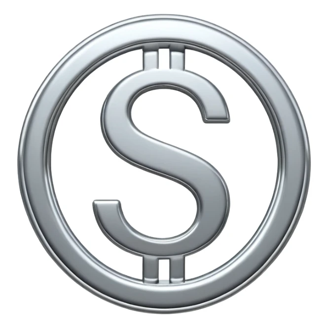 A double dollar sign emoji made of polished silver chrome, smooth metallic surface, glossy reflections, luxury swag vibe, minimal iOS emoji style, centered on white background sticker