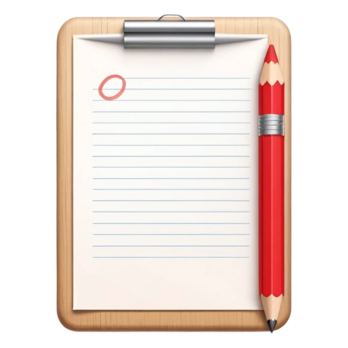 A red pencil in front of a small paper with minimal writing on it sticker