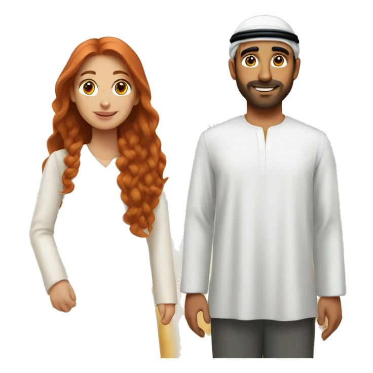 A wheat-haired woman with long red hair with a long white Emirati husband sticker