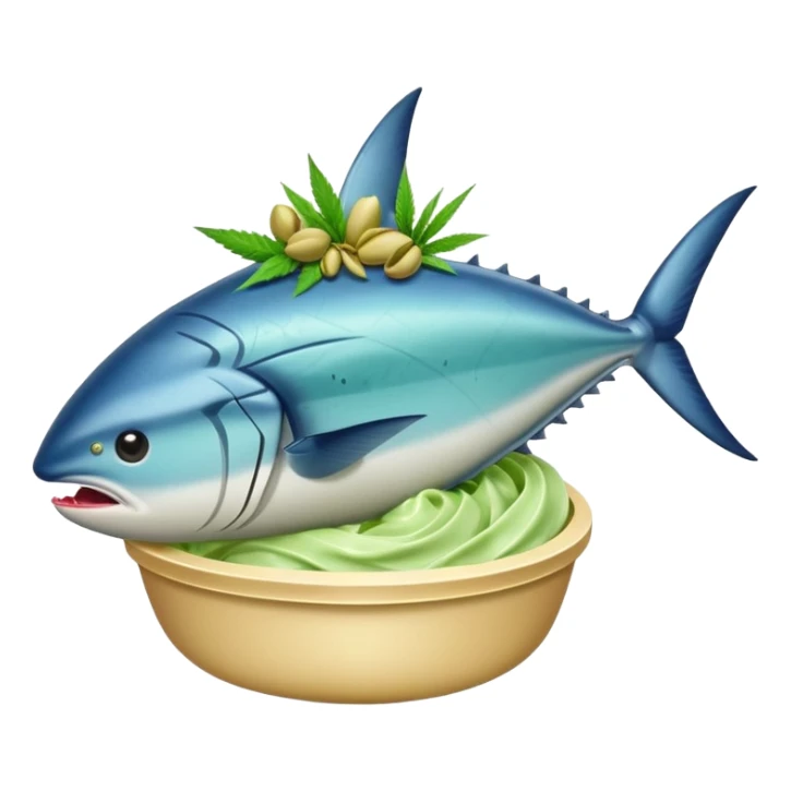 bluefin tuna in a gelato with cannabis leaf sticker
