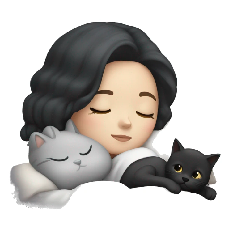 white girl with black hair sleeping with a gray cat sticker