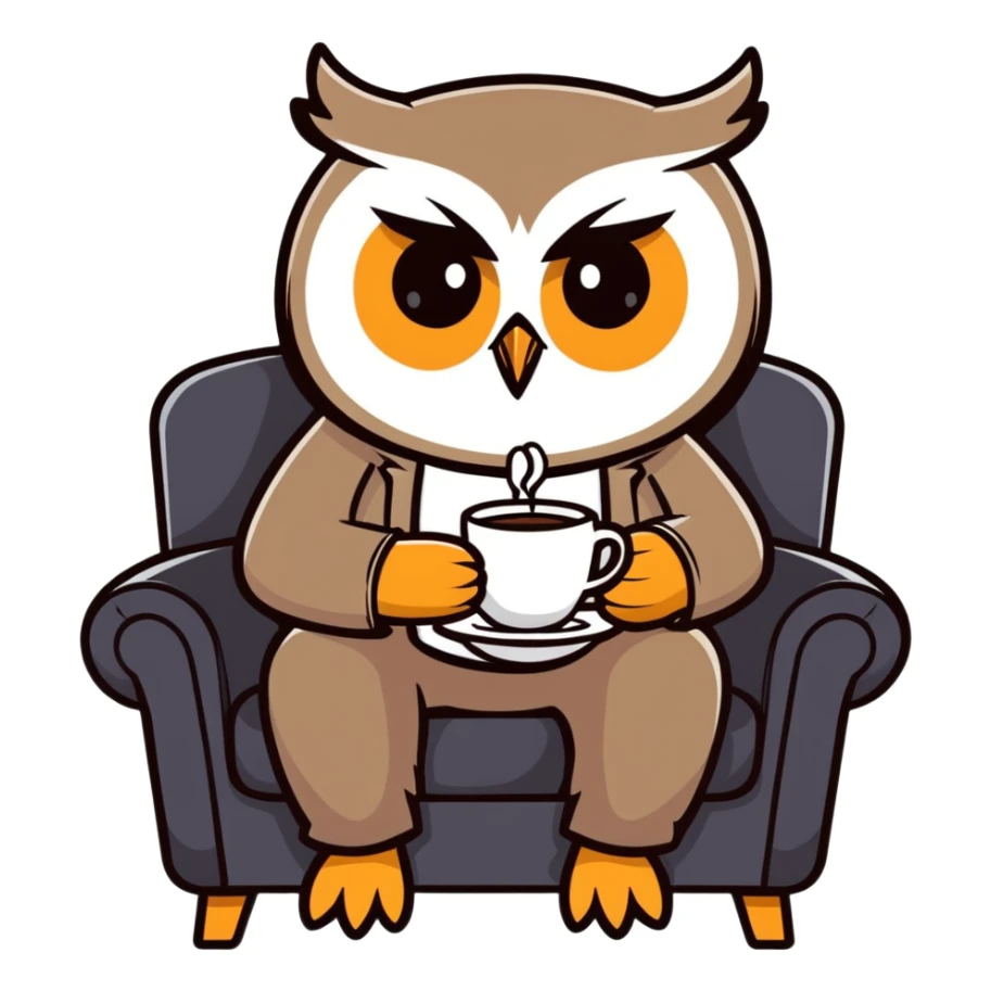 wise owl drinking coffee sitting in an armchair, cartoonish sticker style sticker
