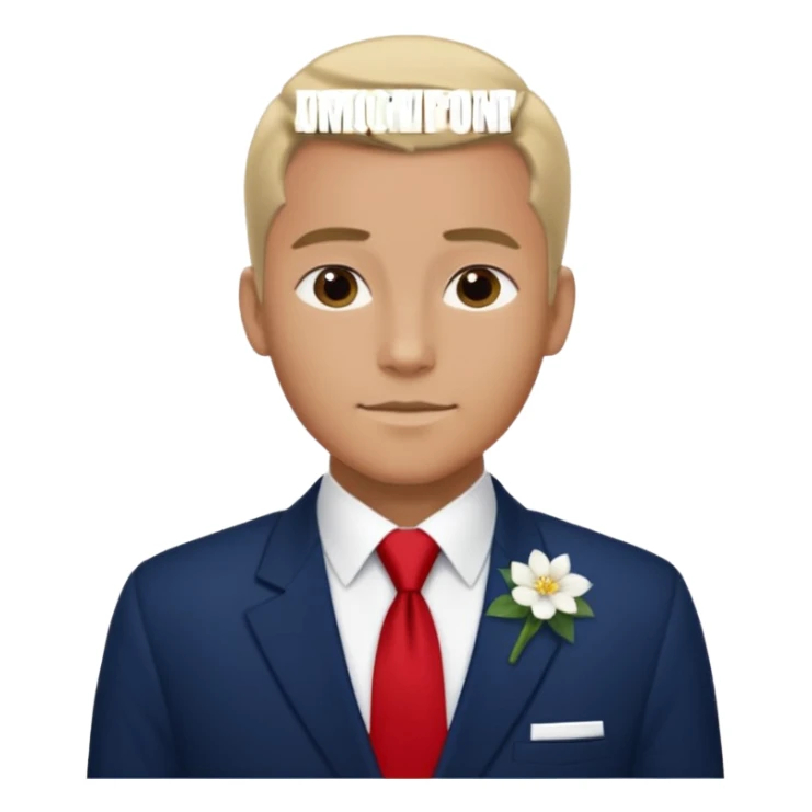 Homme avec bouquet fleurs blanches, avec uniforme bleu foncé cravate rouge, arabe raie sur le côté sans chapeau juste insigne sans bouton manchette et un peu bronzé sticker