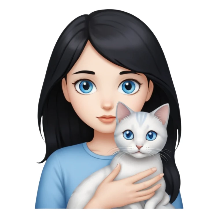 A black- haired girl holding a blue eyed silver-shaded cat sticker