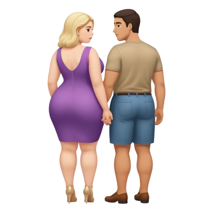 big butt pale bottomless plus-sized woman is standing backwards when a skinny latin guy touches her butt sticker