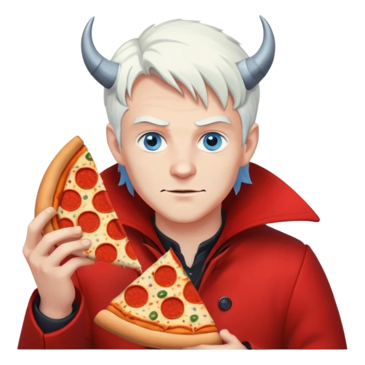 A devil hunter with blue eyes and white middle hair in red coat and eats pizza sticker