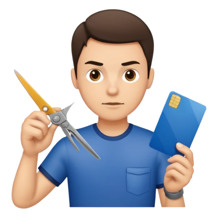 Scissors cutting man ID card in 2 parts. Realistic sticker