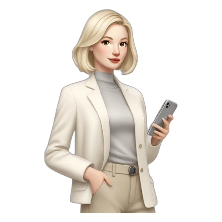 pale skin woman with ash blonde Straightened bob Hair, White Spacious classical jacket, beige palazzo Arrow pants and gray blouse holding white IPhone 14 pro in the hands sticker