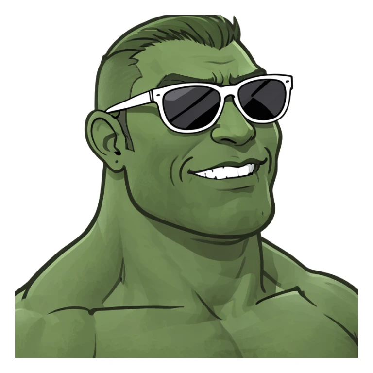 gigachad style muscular man emoji with sunglasses smiling, humorous exaggerated chin and facial features, modern Twitch emoji style for Twitch.tv/wisko channel sticker