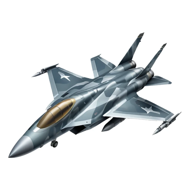 Draw a modern fighter jet with sharp wings, camo design & missiles mounted. sticker