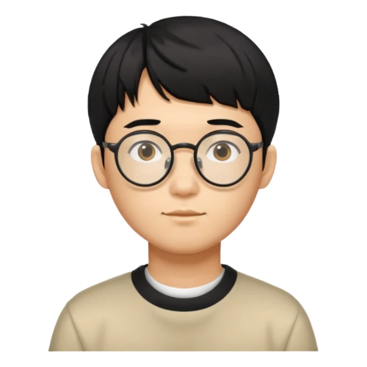 Korean man, black hair in a bowl cut, wearing glasses sticker