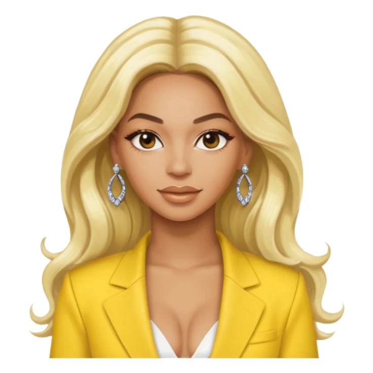 Beyonce with long platinum blonde hair, yellow outfit and earring sticker
