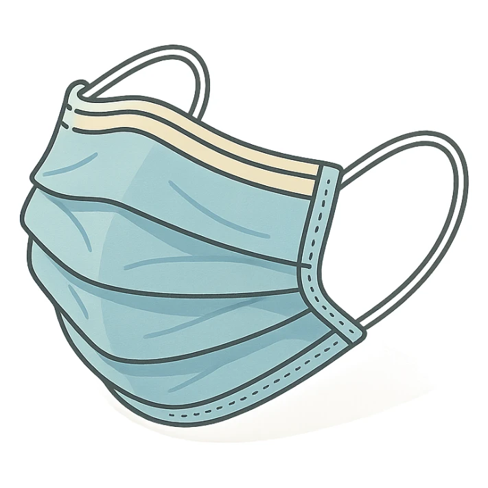 slightly crumpled medical mask, 2D isometric style, detailed drawing, detailed shadows and highlights, clean contours, soft lighting, transparent background sticker