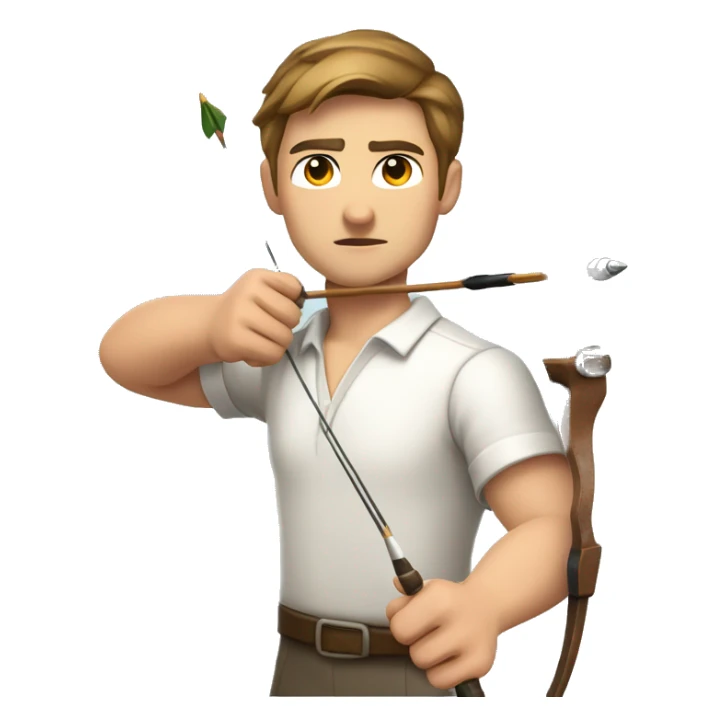 a male archer aiming with a bow facing  his target, eyes closed, wearing a white shirt, very short brown hair, bright skin sticker