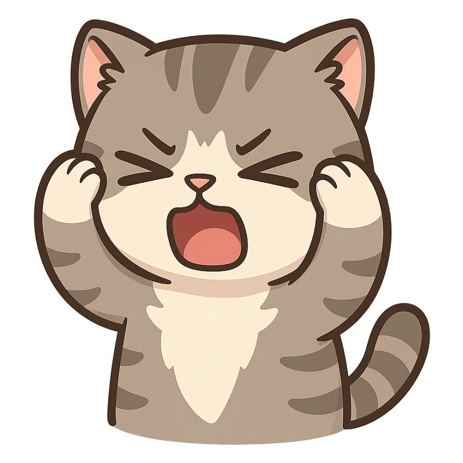 Cat meme, a gray tabby cat holding its head and screaming, with its eyes closed and mouth open, looking annoyed sticker