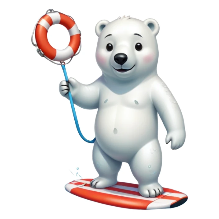 full body friendly anthropomorphised polar bear smiling, wearing colorful swim suit and long board shorts below the knee, scuba goggles, holding red and white life buoy, standing in small puddle sticker