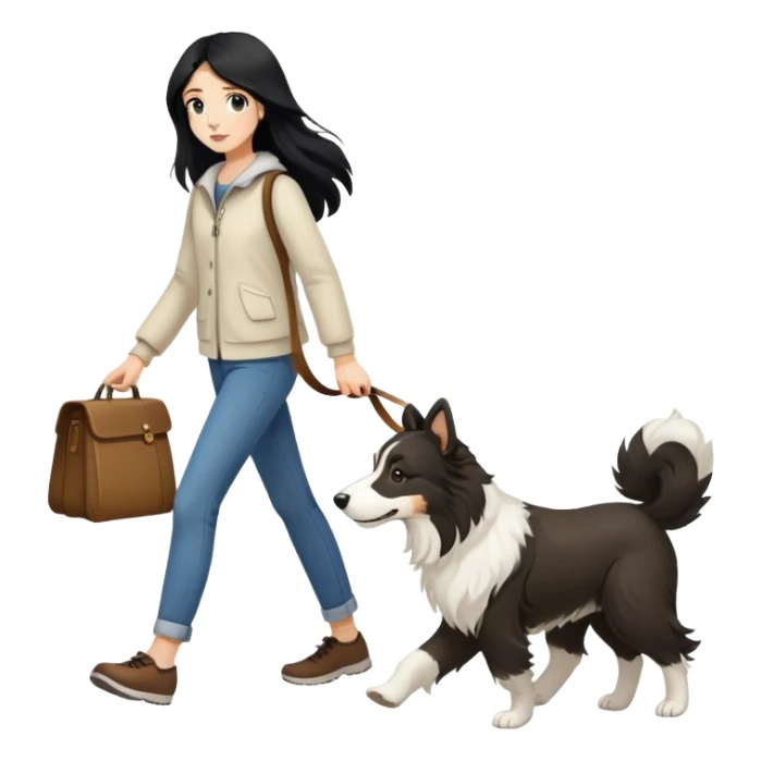 A girl with long black hair walking a white and brown collie sticker