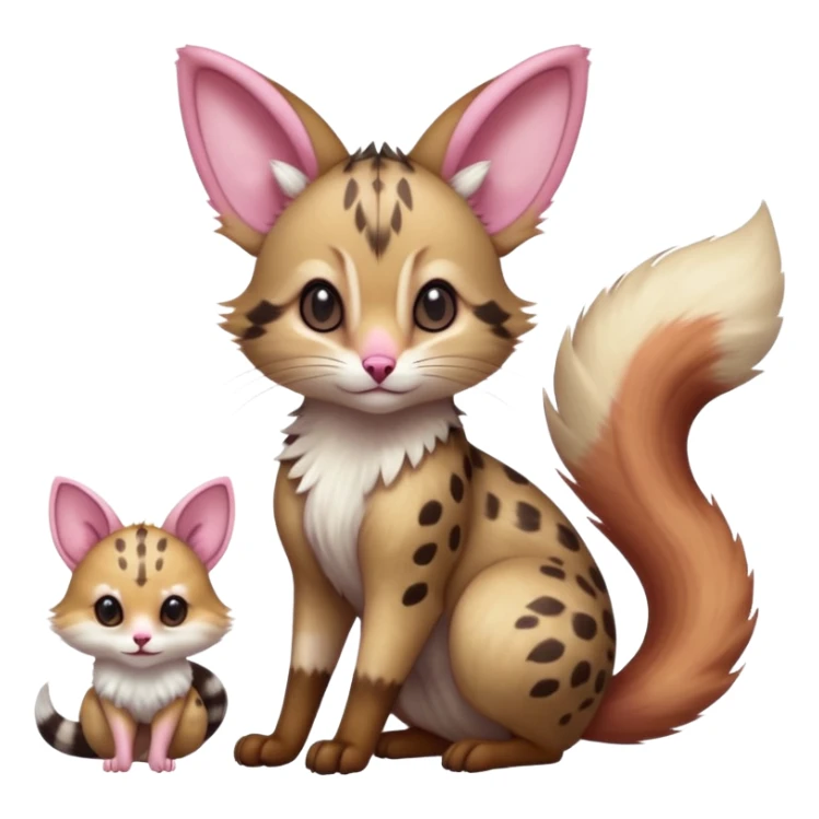 Hyper realistic  beautiful elegant pretty precious cute  Fakémon-Pokémon-opossum-feline-serval-caracal-chinchilla-Furret-Minccino-hybrid-creature with a big fluffy bushy tail (full body) sticker