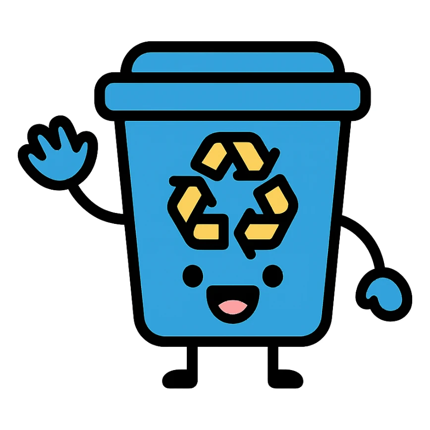blue recycling bin with a big smile, waving hand sticker