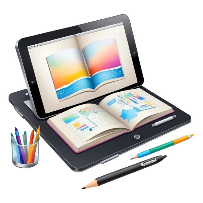 Colourfull Illustration icon, pencil, paintbrush, gel pen, graphic tablet or monitor with digital illustration, open book with sketches, minimalistic style, clean lines, transparent background. sticker