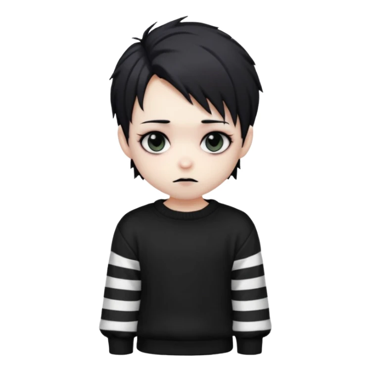 Goth boy, chibi style, oversized sweater, striped sleeves, cute sticker