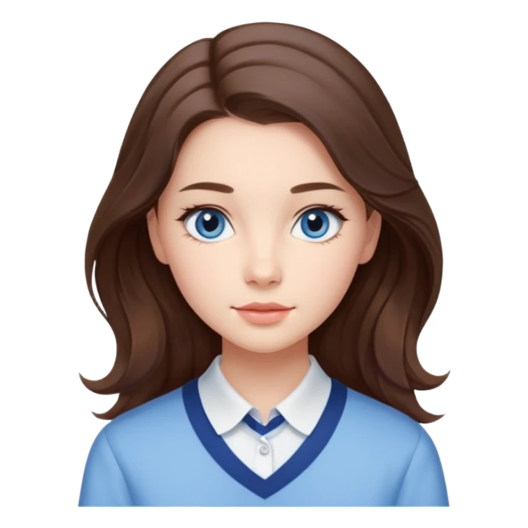 Realistic Student Portrait, with porcelain-like skin featuring a natural rosy flush, iHer Brunette Half-Up Style for Straight  hair flows in soft, Her deep blue eyes radiate warmth and innocence,  wear light blue preppy style. sticker