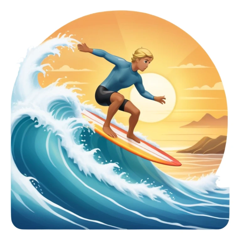 A surfer riding a large wave, skillfully balancing on their board as the ocean crashes around them. The scene captures the energy and excitement of surfing, with the sun setting in the background and the water sparkling under the light. sticker