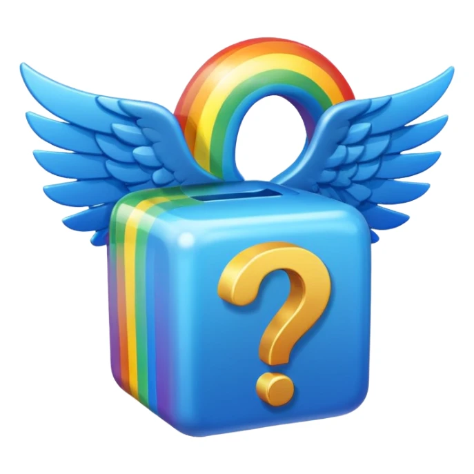 Blue cube with blue wings and has a rainbow question mark sticker