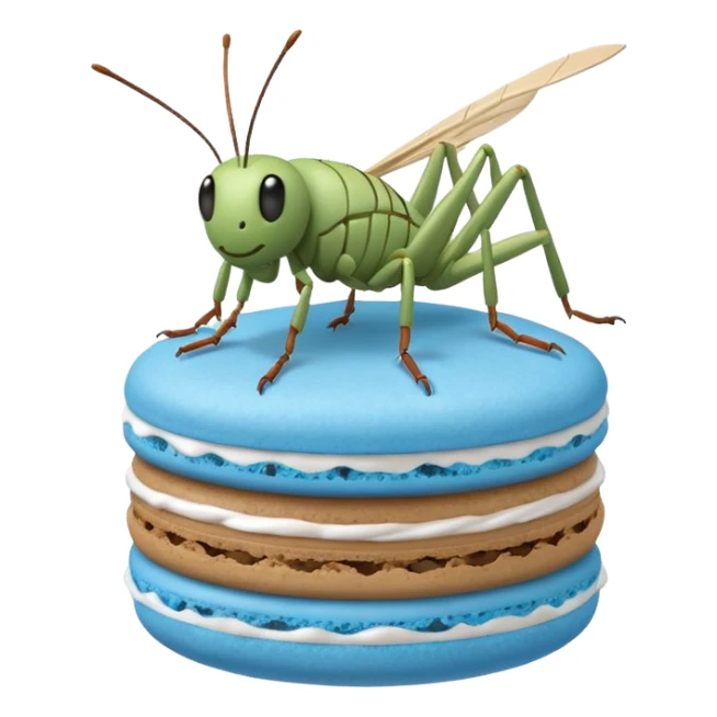A cartoon cricket on a blue macaron with white frosting to be an icon image sticker