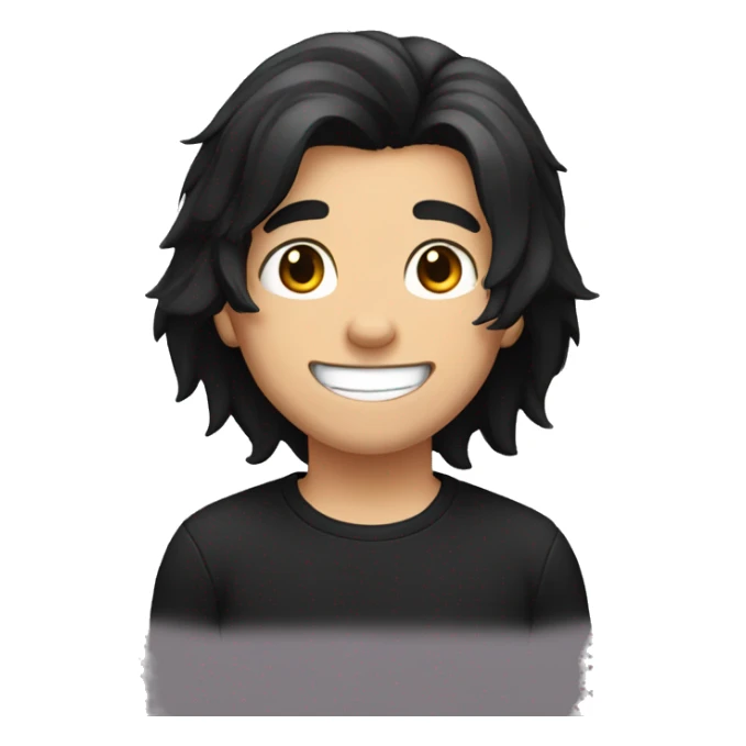 Boy with long black hair with black shirt and white teeth sticker