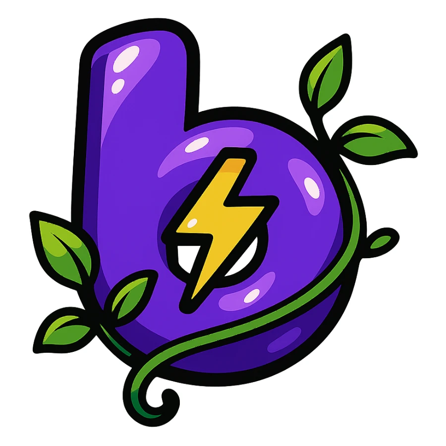 plump vibrant Boosty logo cartoon style purple 'b' with lightning bolt cutout bold outline expressive shadows glossy highlights no background leafy vine wrapping around logo sticker