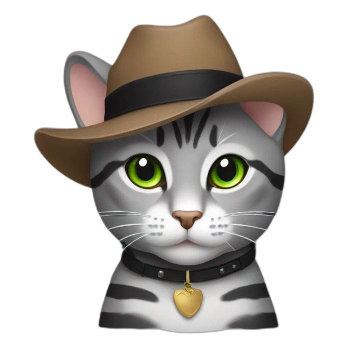 Gray cat with black stripes and brown cowboy hat and green eyes  sticker