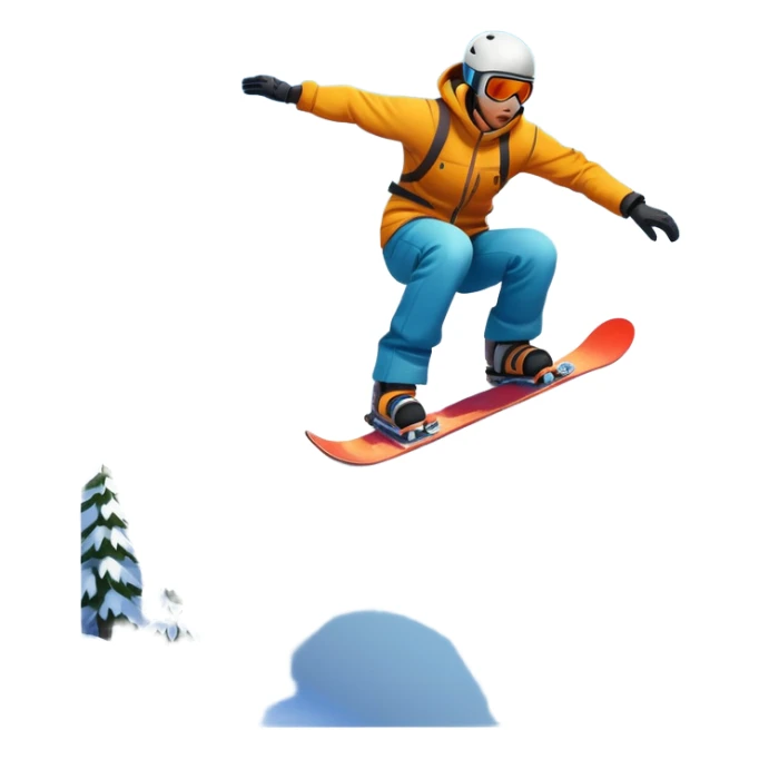 An icon showing a snowboarder performing an exciting jump on a snow-covered slope. The background features towering mountains, snow-covered trees, and a bright, clear sky. Transparent background highlights the speed, agility, and thrill of snowboarding. sticker