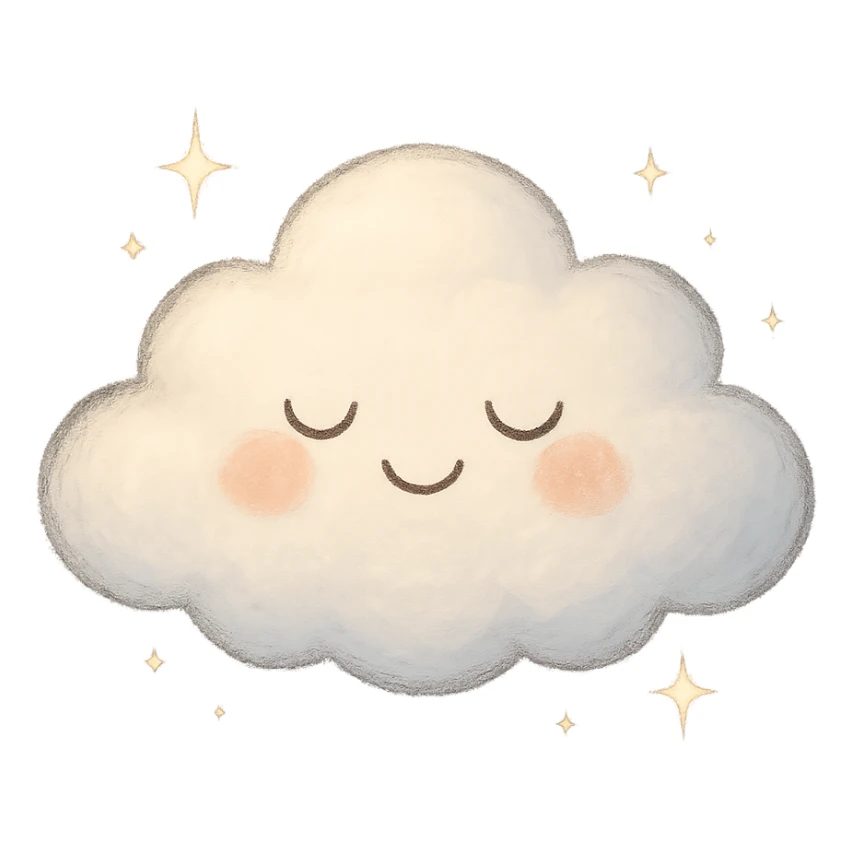 soft smiling cloud with closed eyes and light sparkles, conveying calm, soothing, and floaty vibes for meditation, peace, or breathwork sticker
