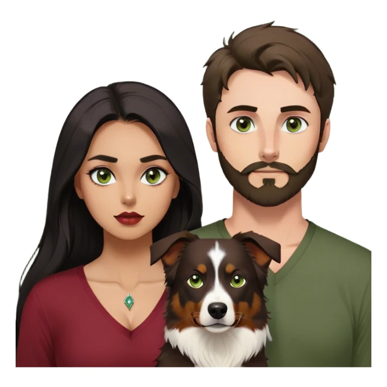 Thin white guy with beard and widows peak and green eyes and large pointy nose in olive green long sleeve AND One latina girl with long beautiful dark hair and dark eyes in a dark red v neck and makeup with her black tri colored  Australian shepherd large sticker