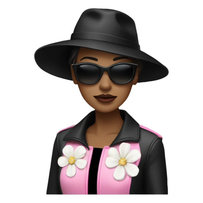  woman wearing a black hat adorned with a white flower and smaller decorative flowers. She is also wearing black sunglasses and a shiny pink jacket over a black top. She appears in a side profile pose , her head slightly tilted back. White skin sticker