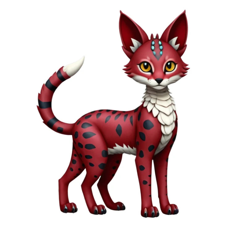 Epic complex knightly divine glorious futuristic detailed dark dusky gloomy deep gothic red, realistic Fakémon-Sprigatito-Floragato-Meowscarada-Trico-Sergal-Serval-Vernid-creature (full body) sticker