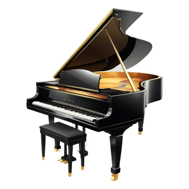 Cinematic Realistic Piano, glossy black grand piano with elegantly curved edges, pristine white and black keys, soft golden light reflecting off its polished surface, faint reflections of a musician’s hands, glowing with refined elegance and musical depth. sticker