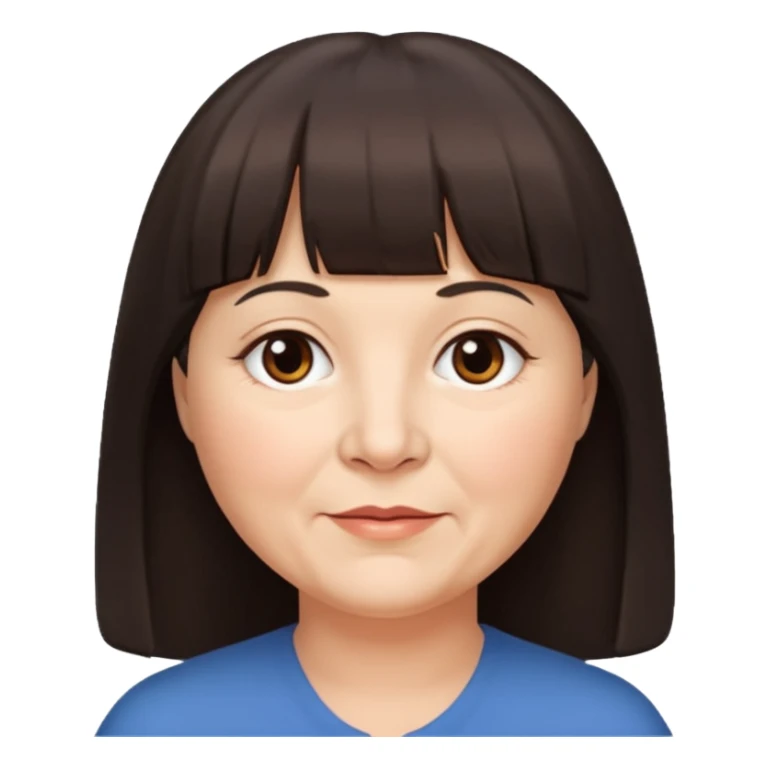 60 yr old woman, very small brown eyes, long straight dark brown hair, bangs, chubby, long face sticker