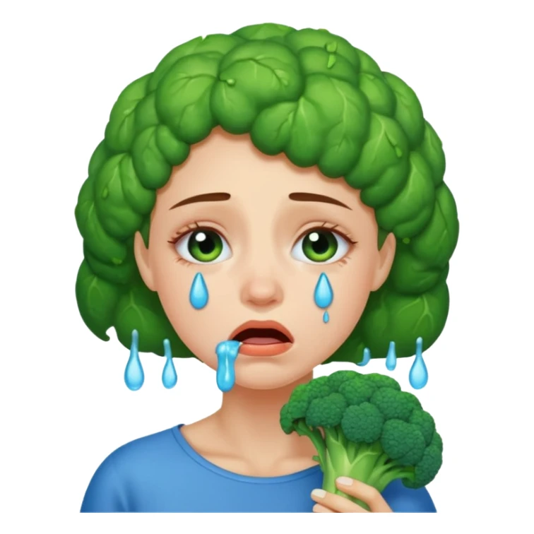 Woman crying eating broccoli. make tears blue color sticker