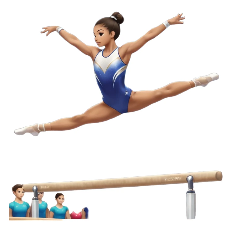 An acrobat performing a dynamic move on the balance beam, rings, or parallel bars, showcasing strength and precision. The acrobat is in mid-action, gracefully balanced, with a focused expression. The background features a professional gymnastics gym with bright lights and a cheering crowd sticker