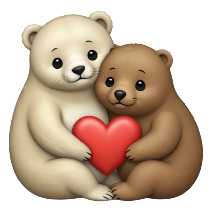 small white seal hugging a big brown bear with a heart in between them sticker
