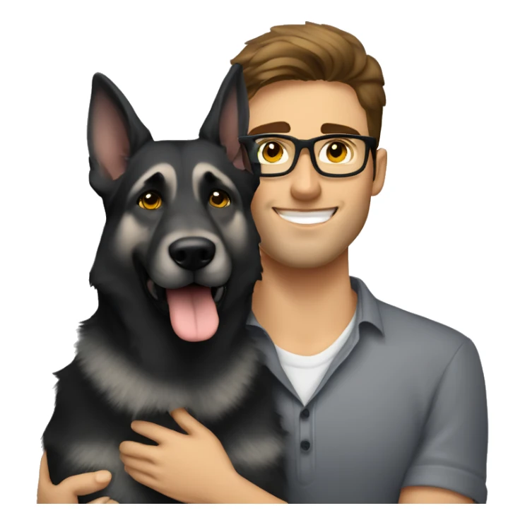 a handsome guy with brown hair, black thin stylish glasses and (grey eyes) hugging the grey german shepherd (yellow eyes) sticker